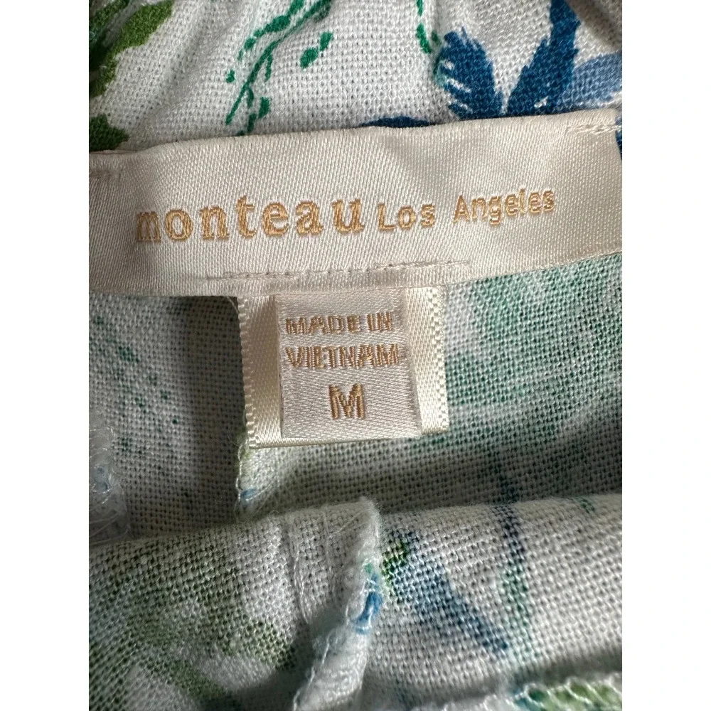 Monteau Los Angeles Tropical Palm Print Linen Blend Shorts White‎ Blue Green M